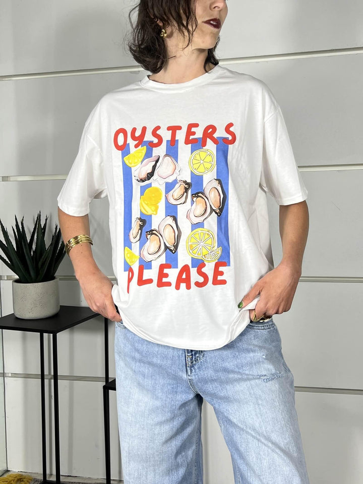 t-shirt bianca con stampa oysters blu gialla e rossa 690002OSTRICHE SPICY CAFE