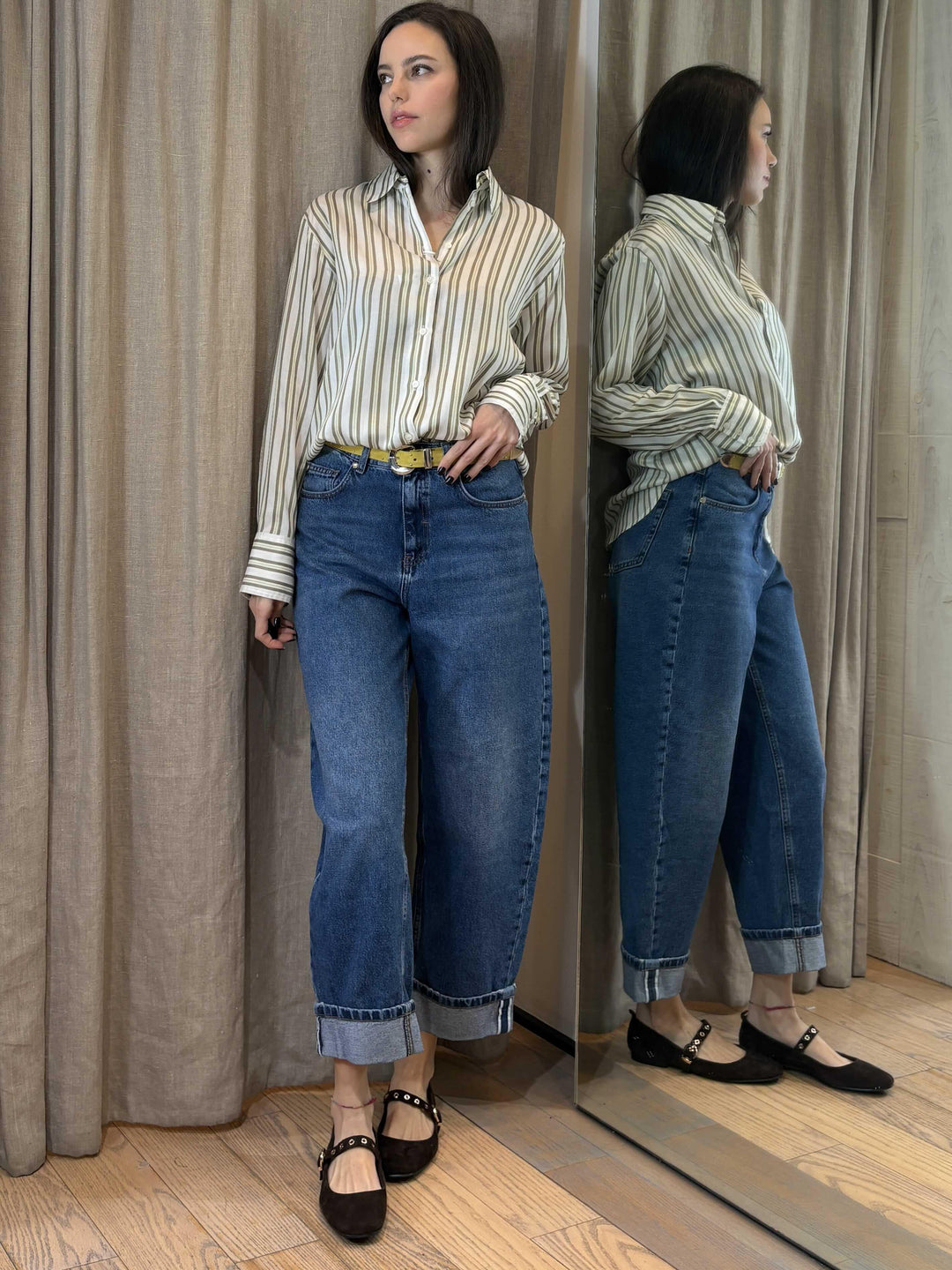 camicia a righe fluida bianca verde e olio TACCO003 iBLUES