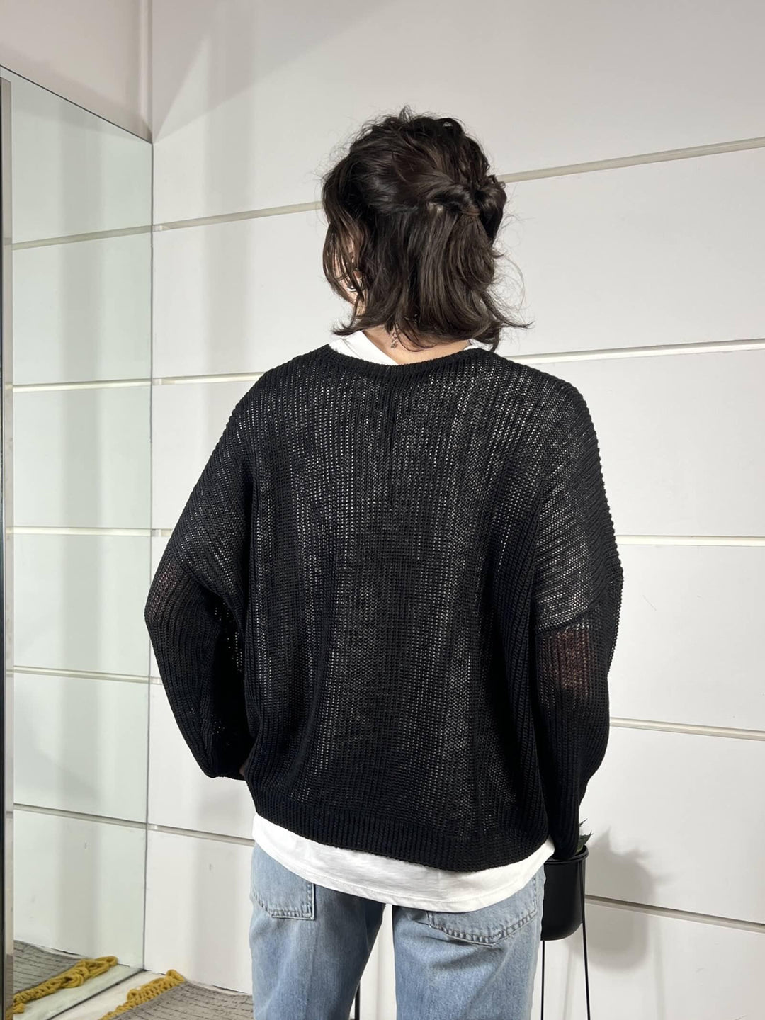 maglia nera girocollo manica lunga over misto viscosa XL25267NERO TENSIONE IN