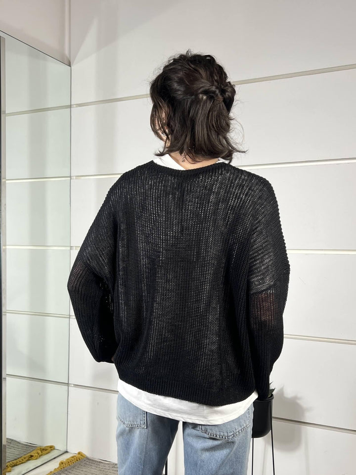 maglia nera girocollo manica lunga over misto viscosa XL25267NERO TENSIONE IN