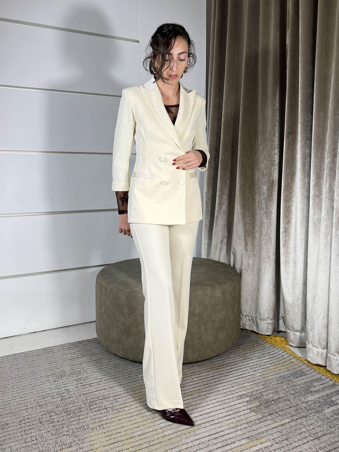 pantalone a zampa gesso con inserti in raso P3E9KAW1132 IMPERIAL