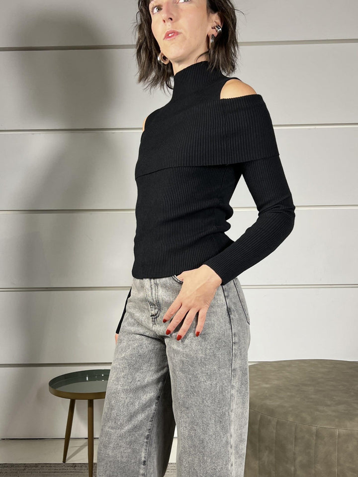 maglia a costine shiffer con cut out nera 8175NERO SUSY MIX