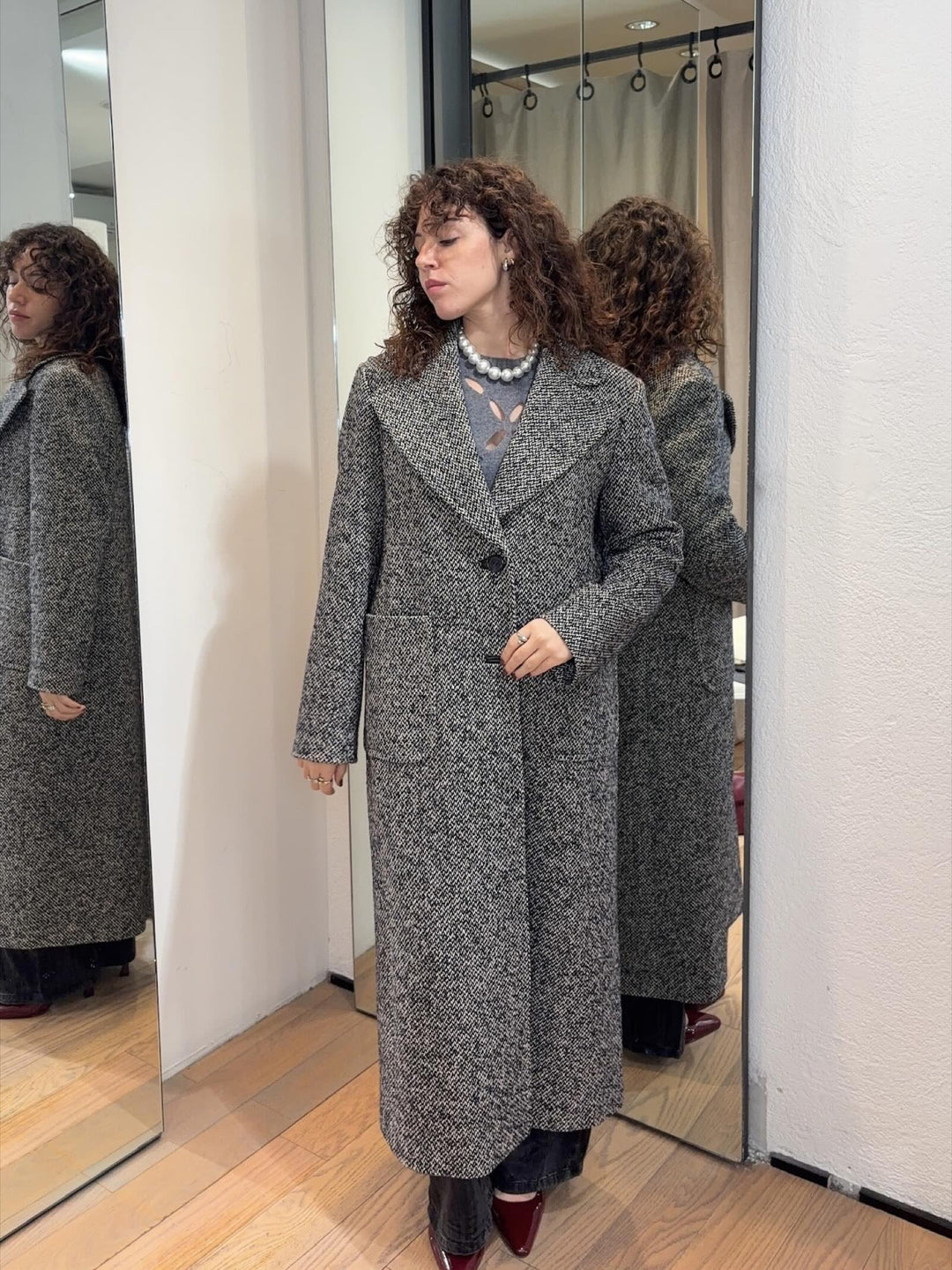 cappotto lungo in tweed nero blu panna KASTEL003 PENNYBLACK BLACK