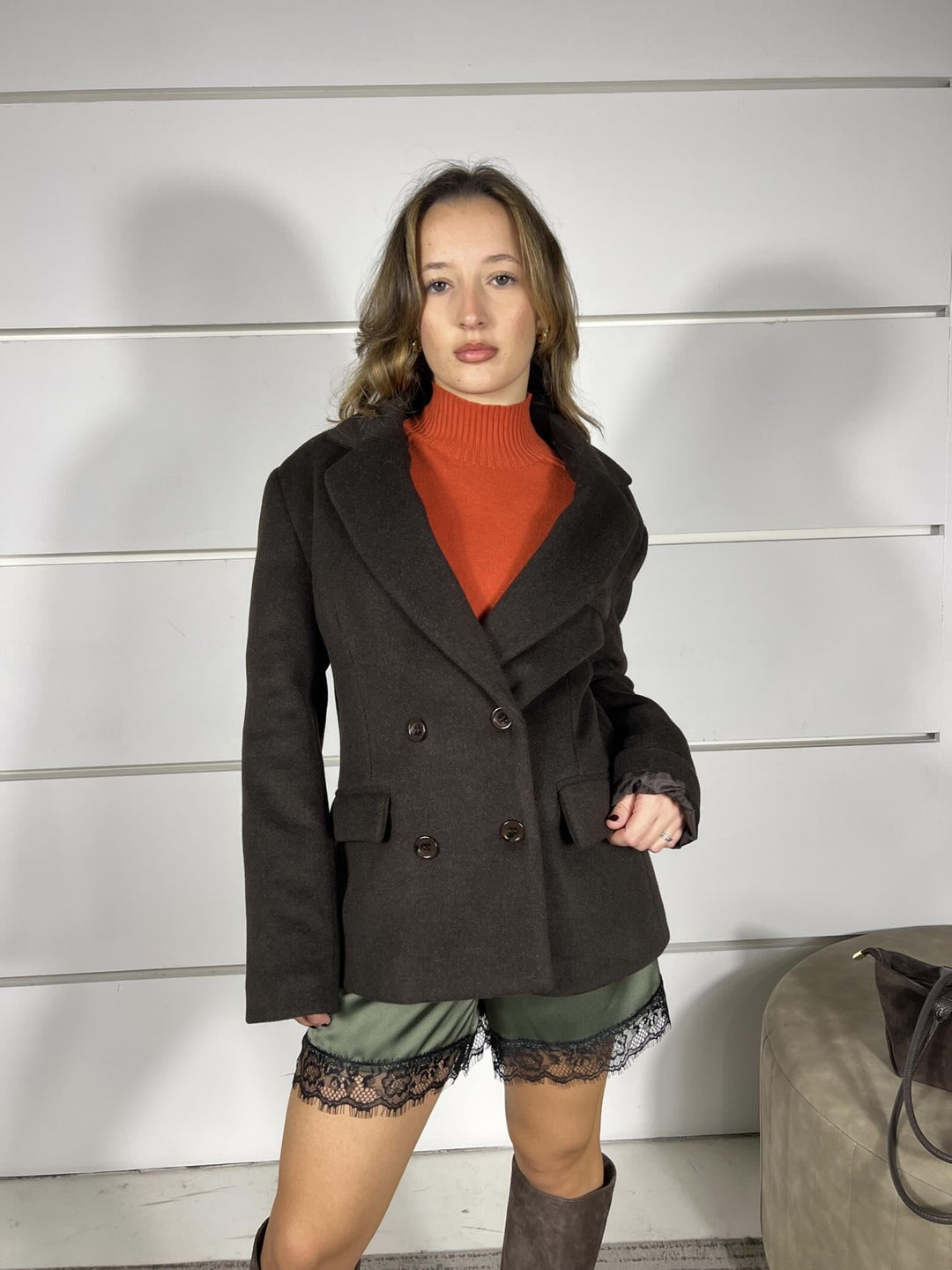 cappotto cortomoro doppiopetto con spalline 26B1365MORO TENSIONE IN