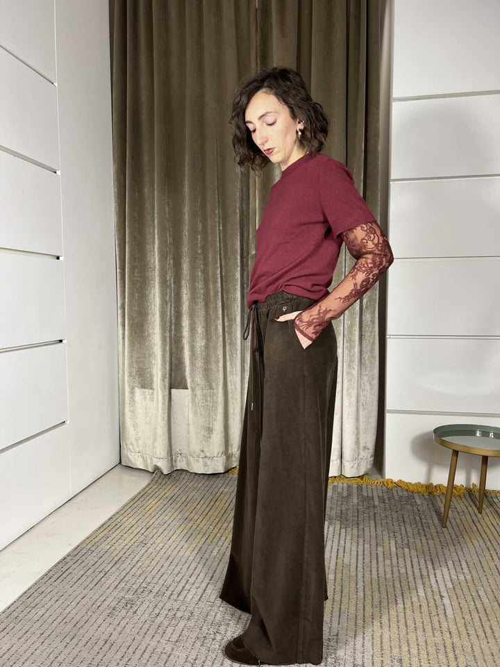 pantalone a palazzo in velluto con elastico e coulisse in vita moro R01L0853MORO PHILIA LOFT