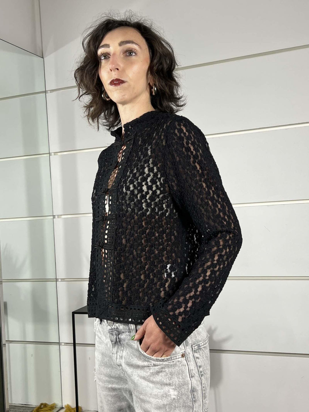 camicia in pizzo con alamari nera S3660NERO SUSY MIX