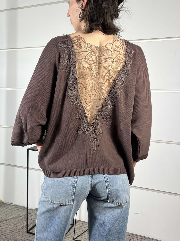maglia con scollo nel retro e pizzo moro 7AB7027MORO VICOLO