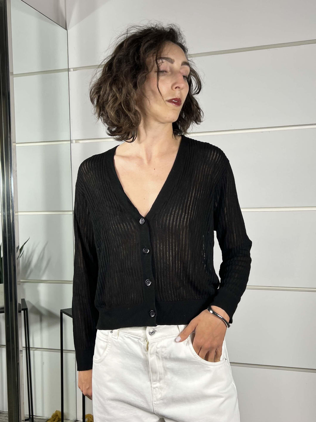 cardigan traforato scollo a v nero 61211NERO SUSY MIX
