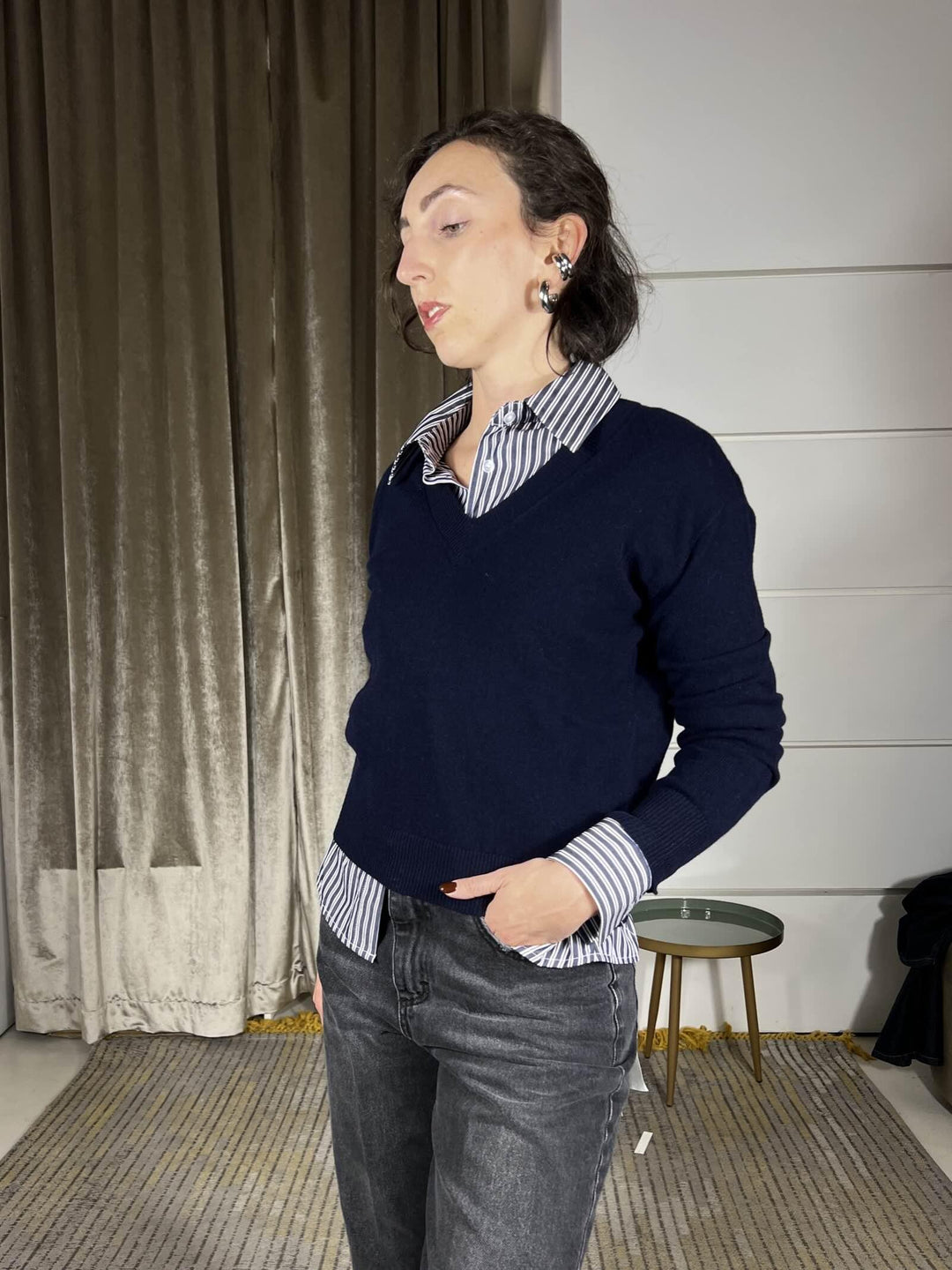 maglione 100% lana scollo a v blu WL180AI25BLU TENSIONE IN