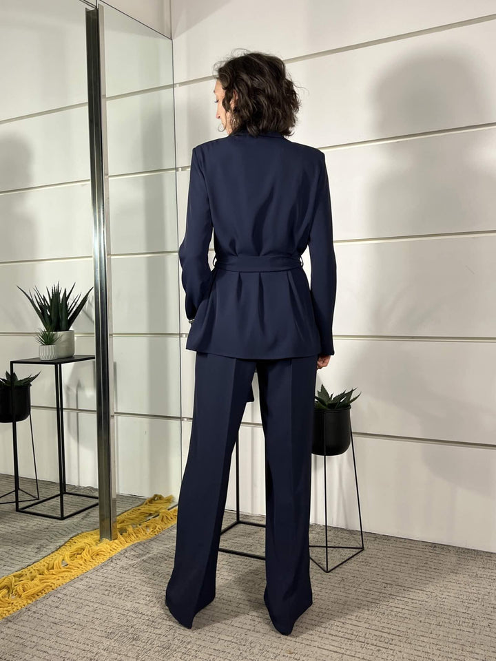 compelto giacca con fiocco e pantalone a palazzo blu 303211BLU SUSY MIX