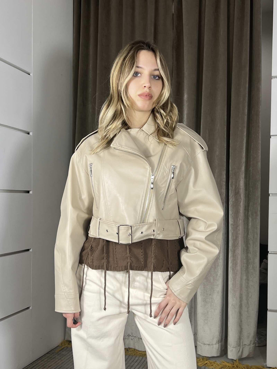 chiodo in ecopelle crop beige PP341T102BEIGE SUSY MIX