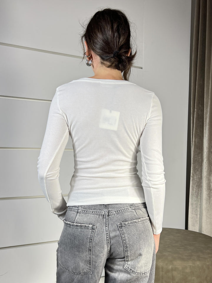 t.shirt scollo a v manica lunga a costine bianca UF0038BIANCO VICOLO