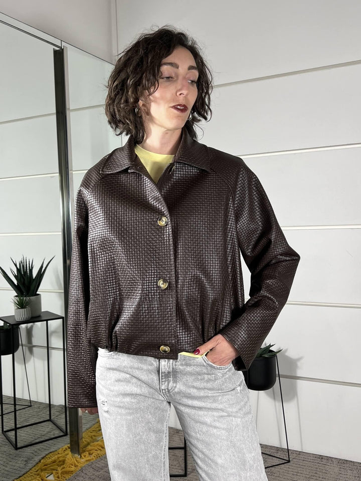 bomber in ecopelle intrecciato con collo a camicia moro KNO-Q056MORO HAVE ONE