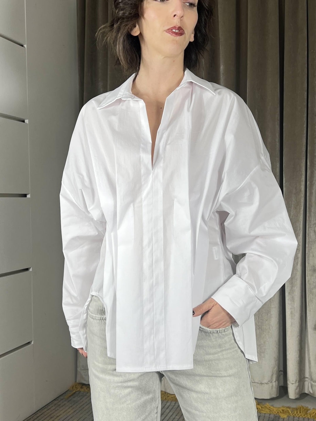camicia latte con dettaglio pieghe in vita, CVS-Q037LATTE HAVE ONE