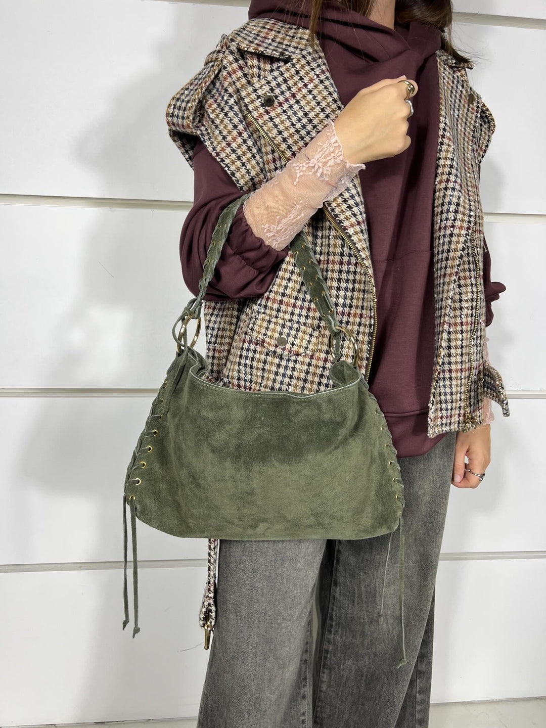 BORSA IN CAMOSCIO MILITARE 604074 MILITARE FEMME CAFE SELECTION