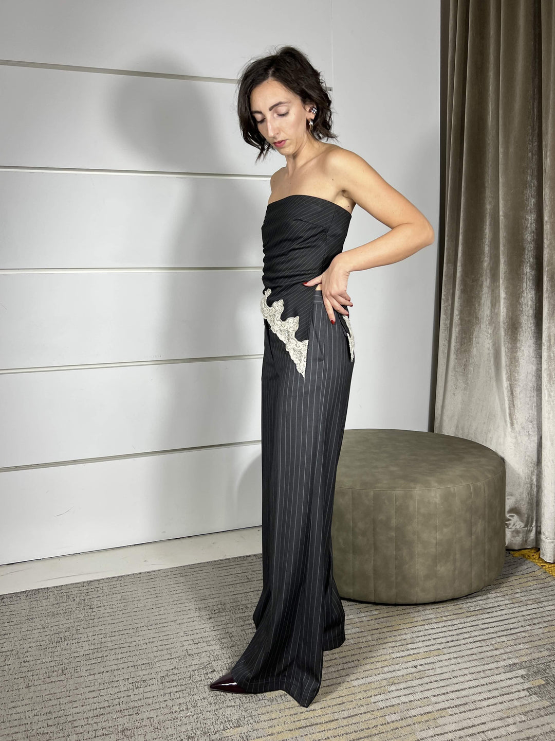 pantalone gessato a palazzo grigio TF1809GRIGIO SCURO VICOLO