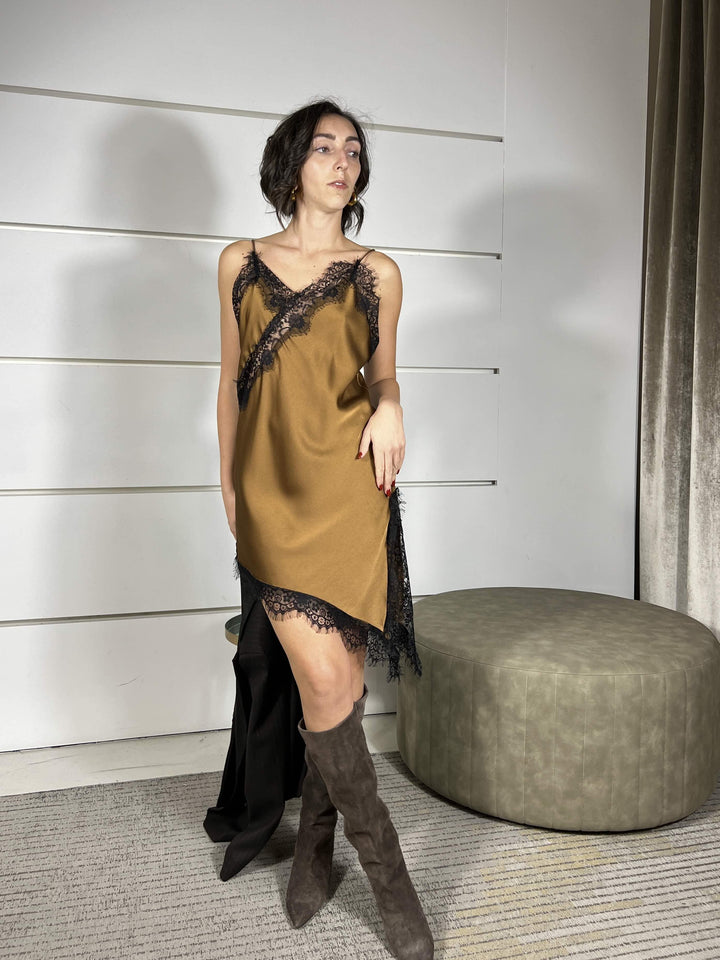 abito satin tabacco con pizzo obliquo nero A11835TABACCO SUSY MIX