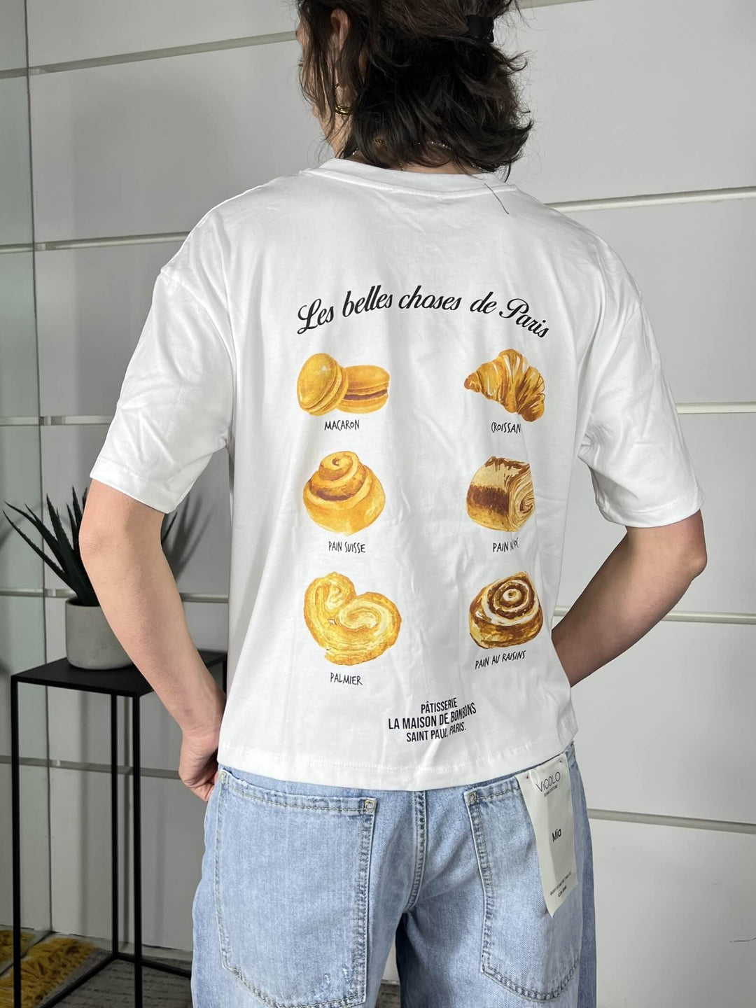 t-shirt bianca Paris con piccolo croissant sul davanti e immagini di brioche sul retro LD5255BIANCO LUMINA