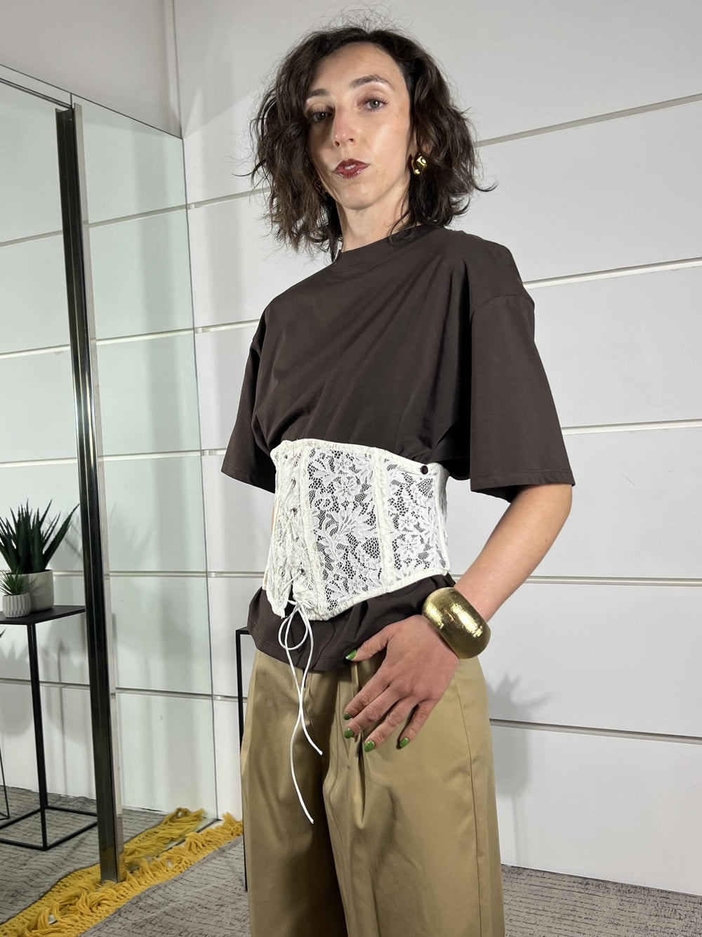 t-shirt manica corta girocollo con bustino staccabile PE260165MORO/BURRO TENSIONE IN