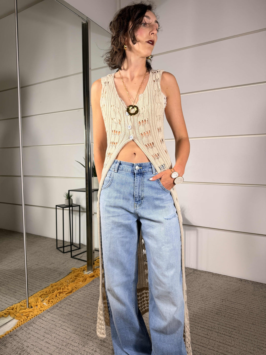 gilet lungo crochet beige CG-7110-COBEIGE SPICY CAFE