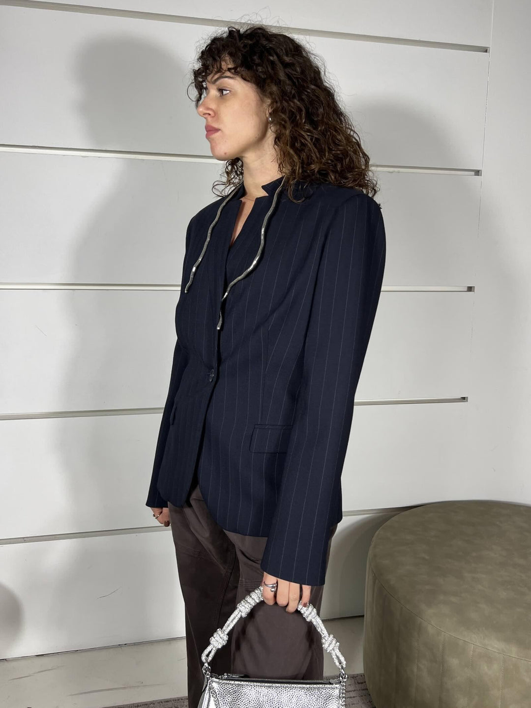 Giacca taglio maschile gessata in lana blu KEBAB GIACCAEZ1 PINKO