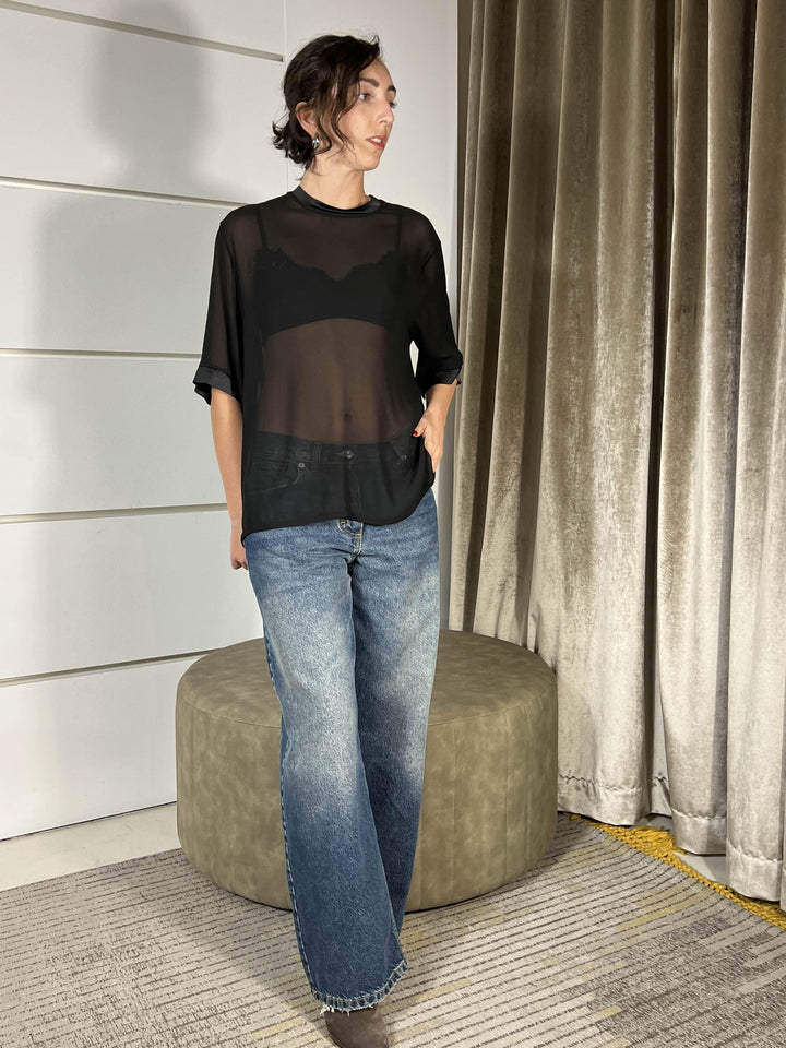 t-shirt nera over manica corta con trasparenze e bordi in raso TWG-P013NERO HAVE ONE