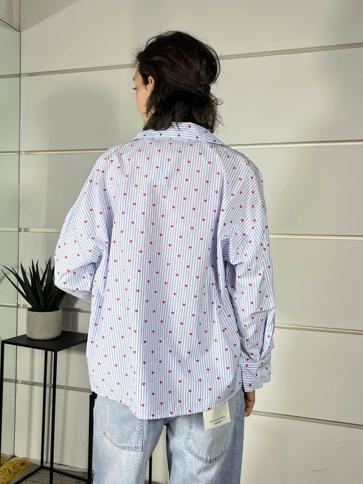 camicia a righe bainca e celeste con cuori rossi 0065CUORI/CELESTE SPICY CAFE