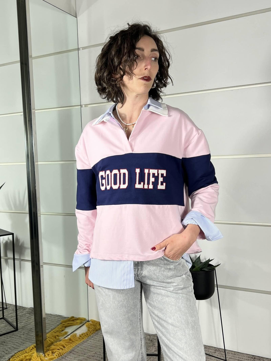 felpa a polo con scritta good life rosa e blu PE260081ROSA/BLU TENSIONE IN