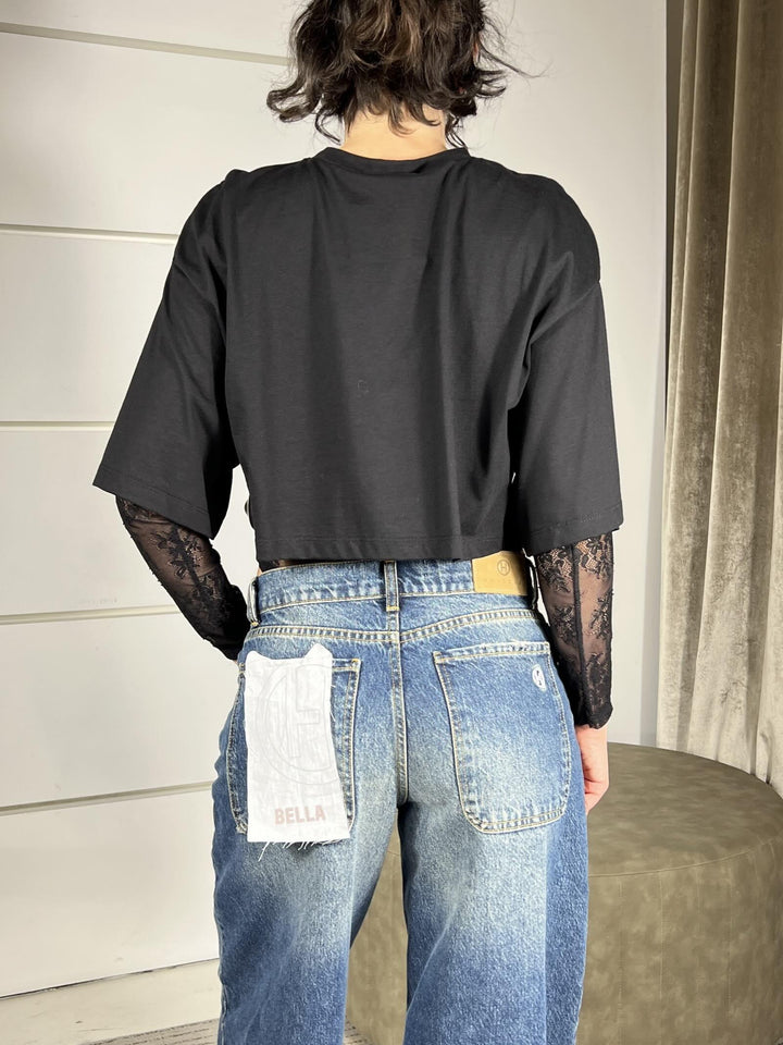 t-shirt con body in pizzo nera UF0157NERO VICOLO