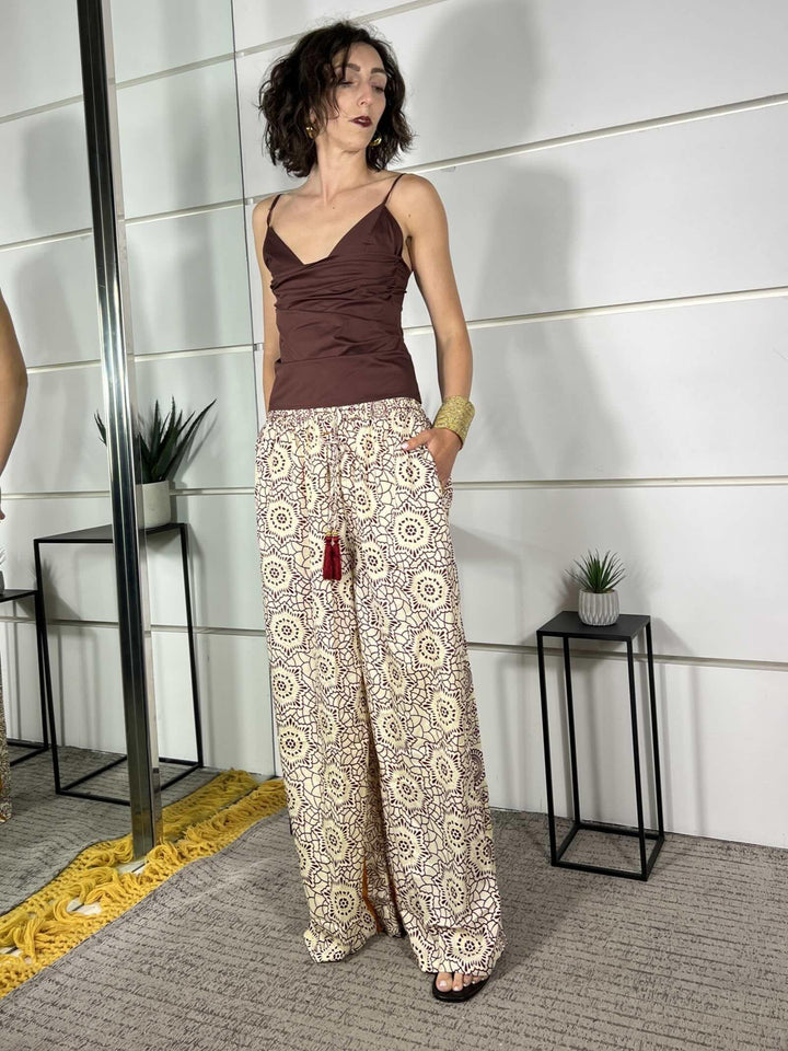 pantalone a palazzo fantasia etnica burro viola e arancio in misto seta A002BURRO/VIOLA/ARANCIO SPICY CAFE