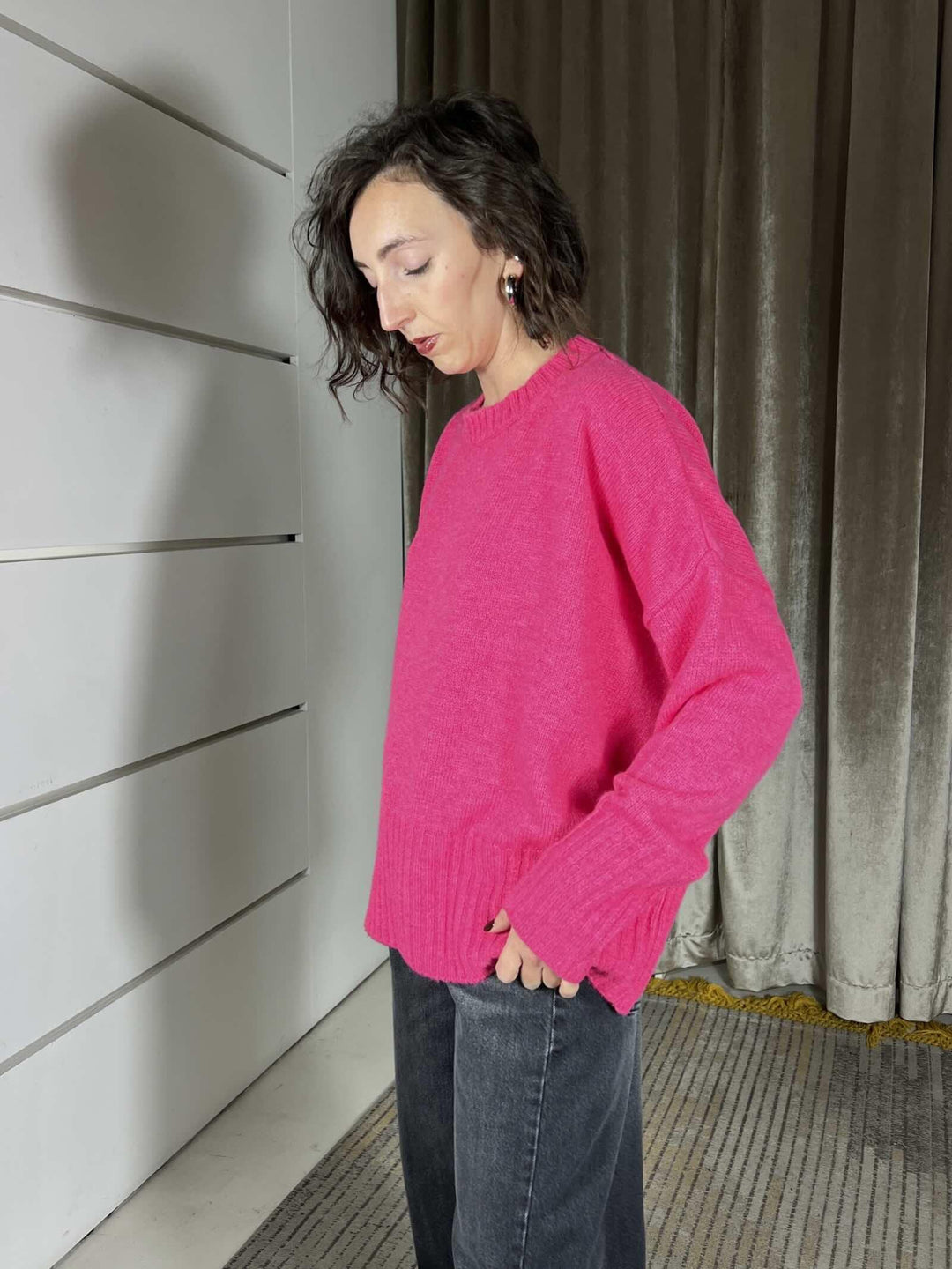 maglione girocollo con coste in misto lana rasata  fuxia W5HMJ87A373FUXIA TENSIONE IN
