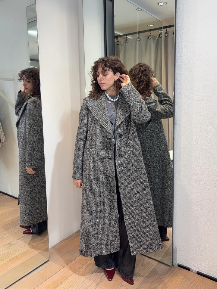 cappotto lungo in tweed nero blu panna KASTEL003 PENNYBLACK BLACK