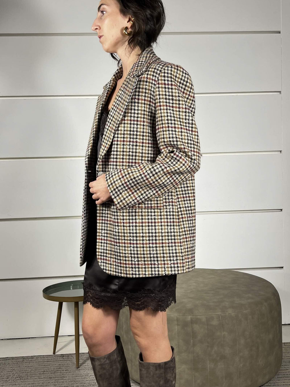giacca cappotto pied de poule con bottone effetto madre perla TF1522SABBIA/ROSSO/OCRA VICOLO