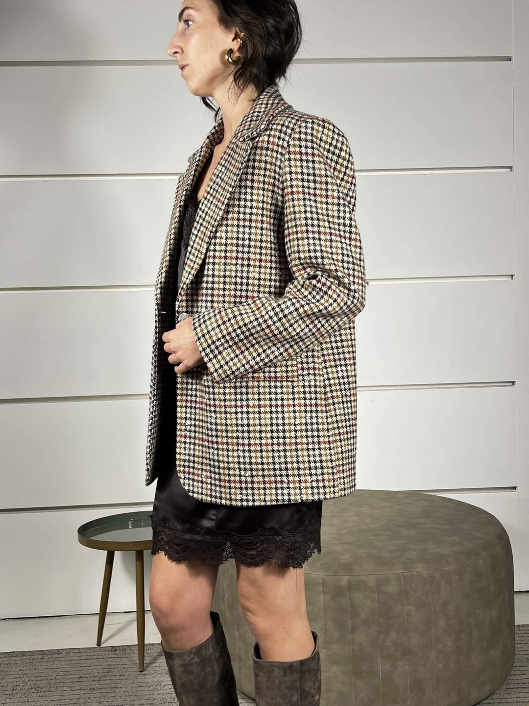 giacca cappotto pied de poule con bottone effetto madre perla TF1522SABBIA/ROSSO/OCRA VICOLO