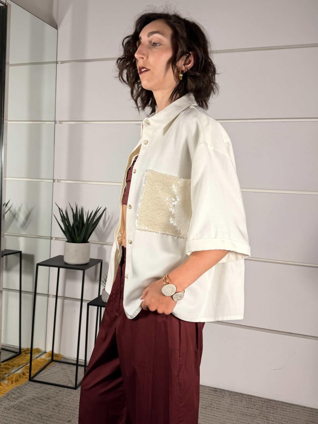 camicia bianca con tasca con paillettes bianca 26C5144BIANCO/BIANCO TENSIONE IN