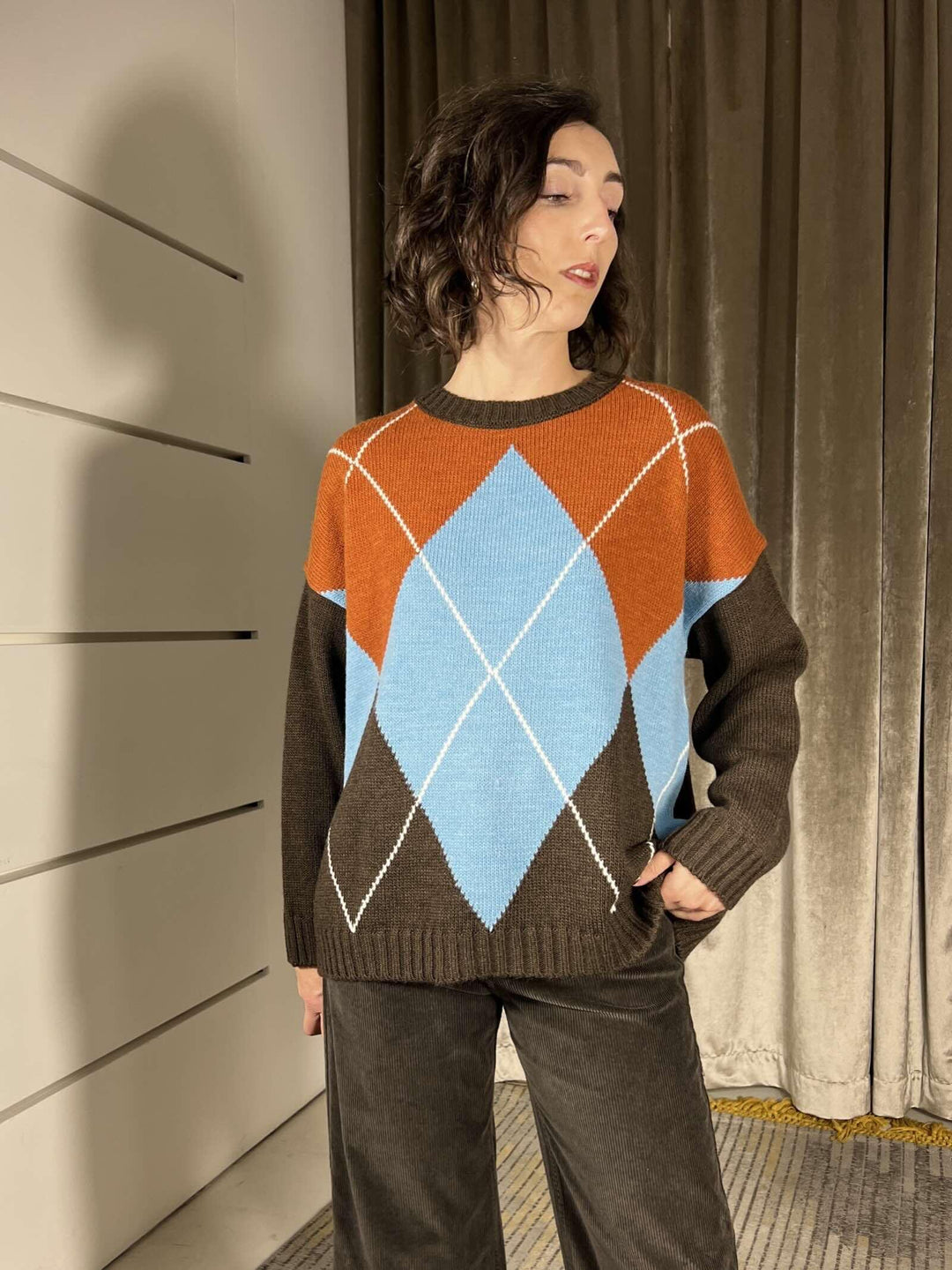 maglia girocollo rombi in miso lana MFP-P329MORO/CELESTE/COCCIO/PASTA HAVE ONE