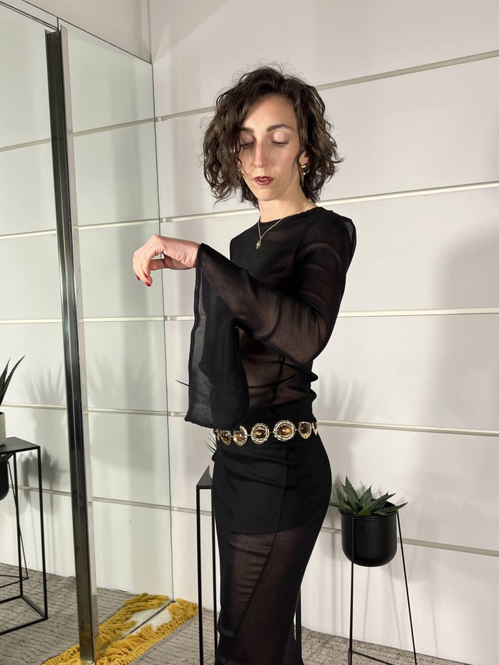 maglia in tulle nera con  manica a calla nera 17M405PE26NNERO SUSY MIX
