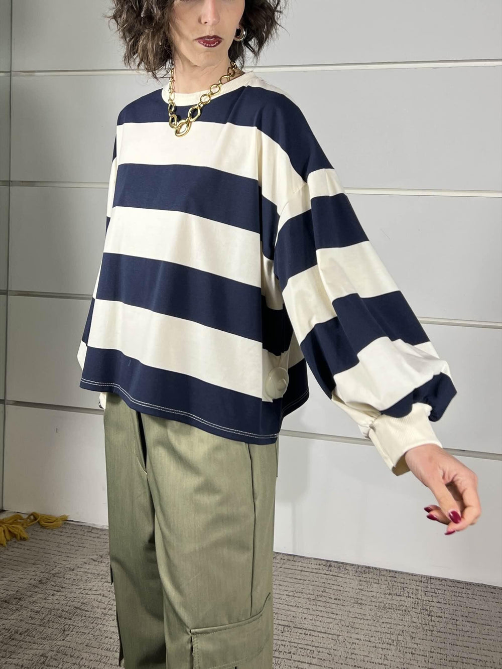 maglia a righe panna blu con manica a baloon D02N0366PANNA/BLU PHILIA LOFT