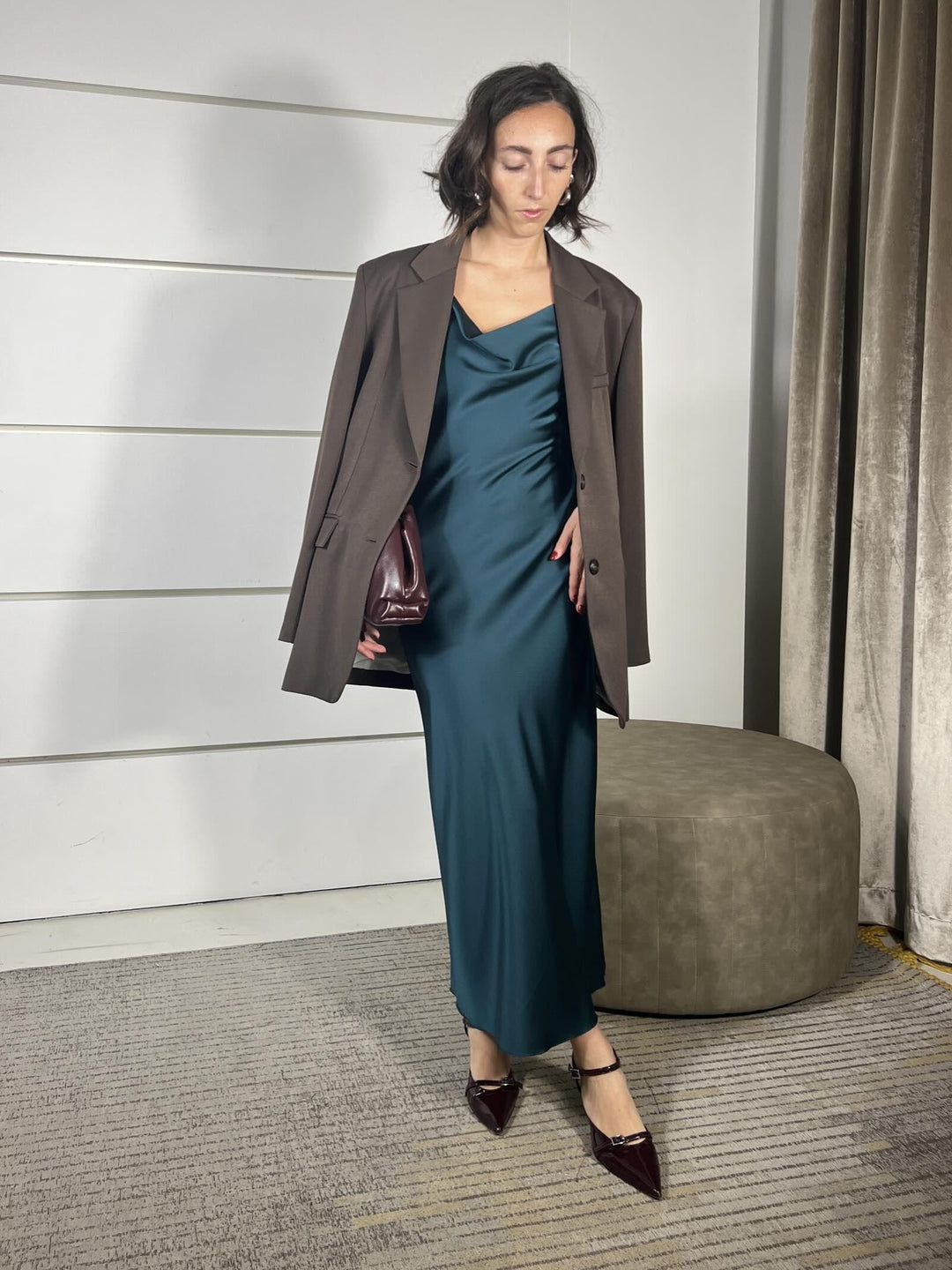 set giacca over moro e abito lungo satin verde bosco  HFW-P010MORO/VERDE BOSCO HAVE ONE