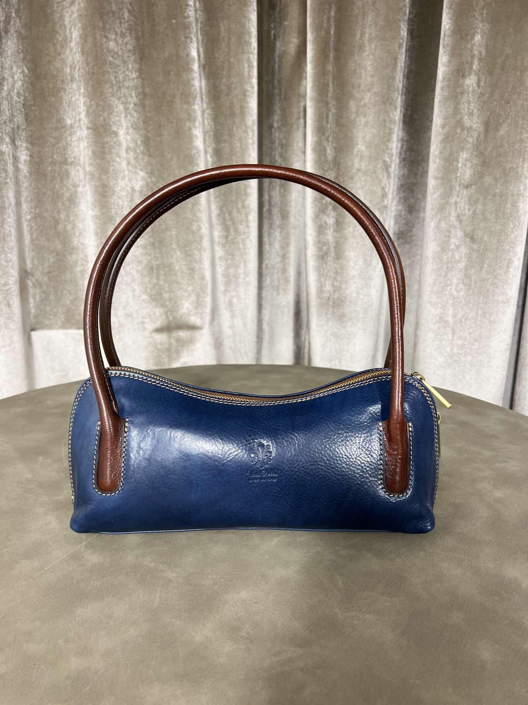 borsa in vera pelle con manico interno check con tasca a parete 266527BLU FEMME CAFE SELECTION