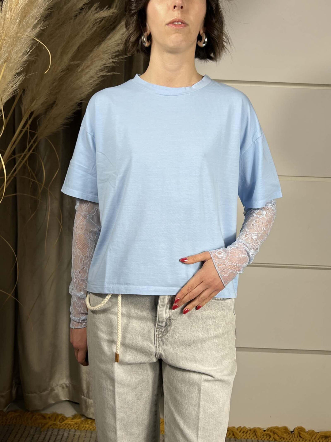 T-SHIRT CELESTE CON MANICA IN PIZZO 11073CELESTE SUSY MIX