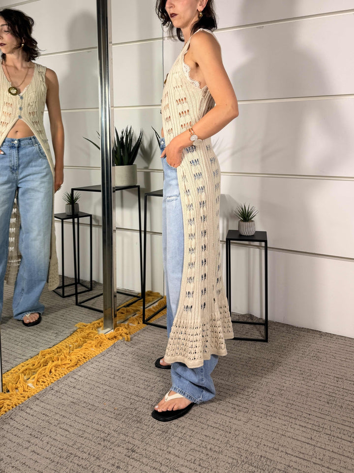 gilet lungo crochet beige CG-7110-COBEIGE SPICY CAFE