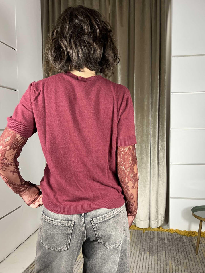 maglia bordeaux con manica in pizzo 22199FBORDEAUX VICOLO