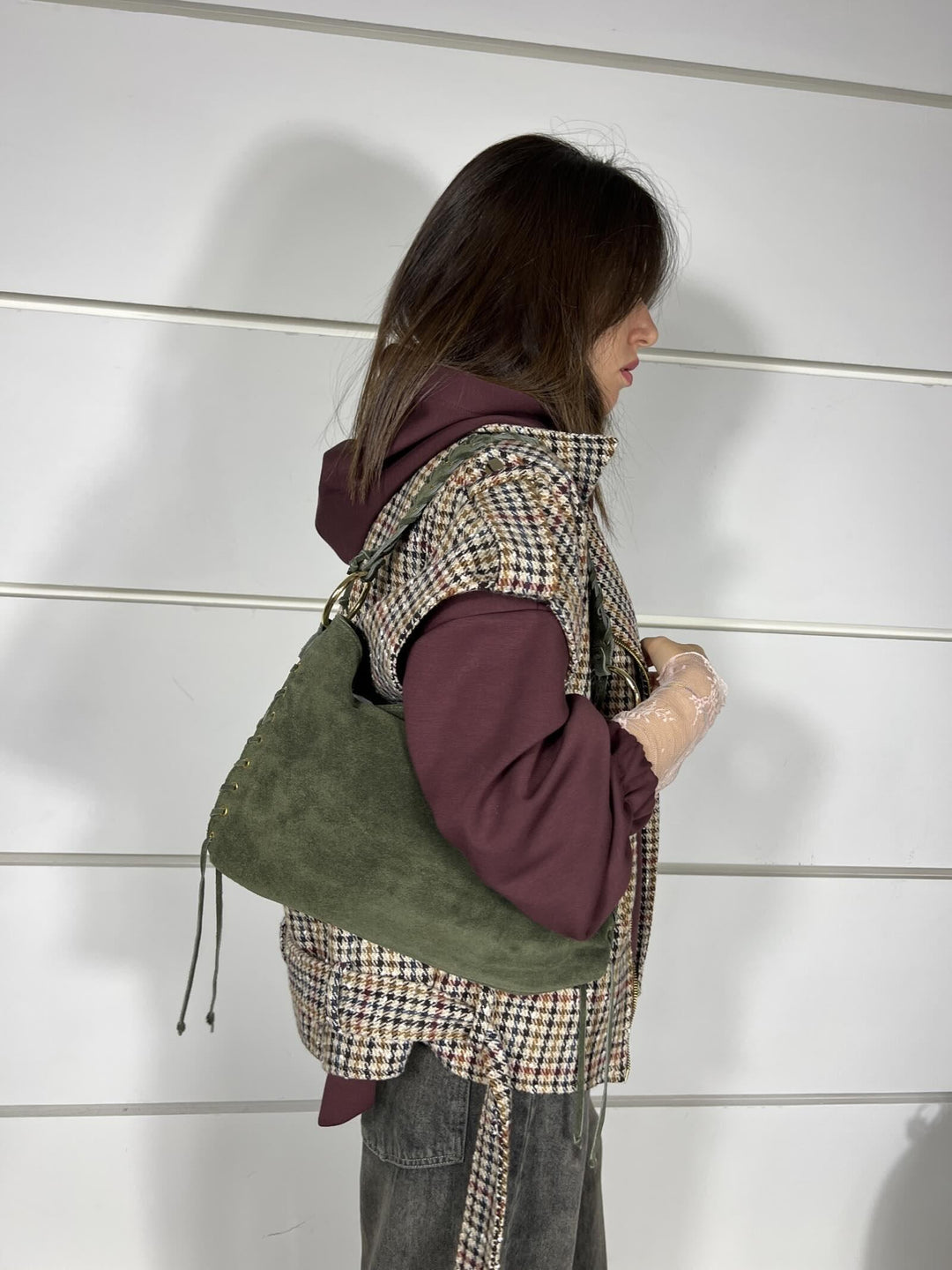BORSA IN CAMOSCIO MILITARE 604074 MILITARE FEMME CAFE SELECTION