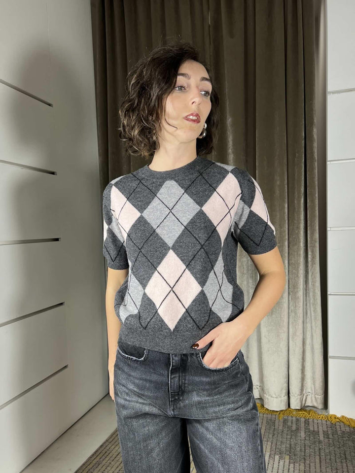 maglia manica corta con rombi gieocollo 100% lana WL1054CATRAME/GRIGIO/ROSA/NERO TENSIONE IN