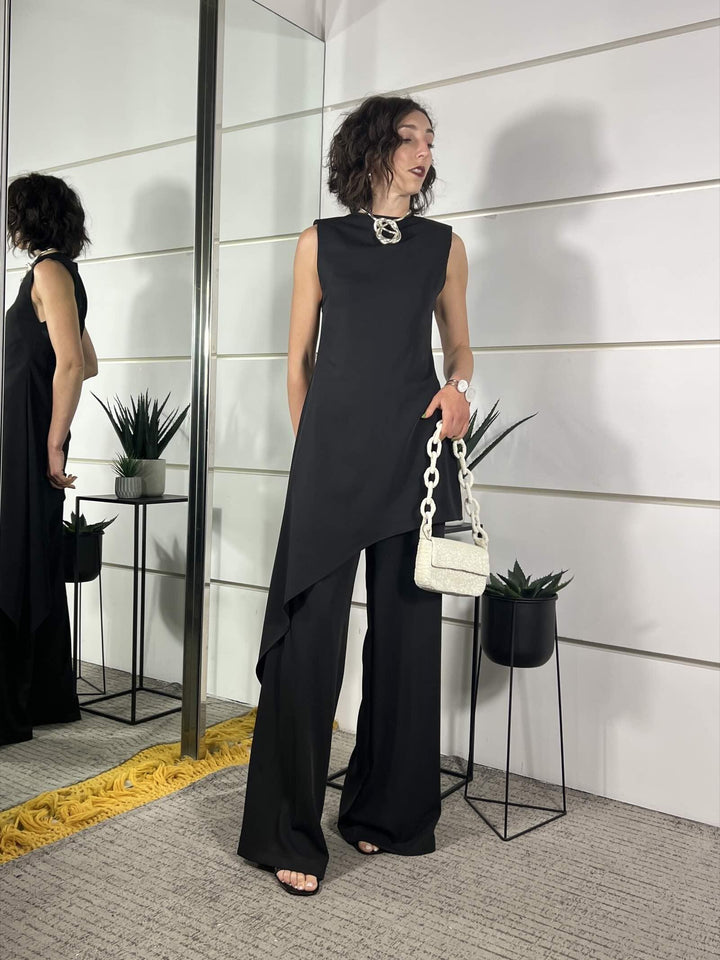 completo blusa asimmetrica e pantalone a palazzo nero SM215ANERO SUSY MIX