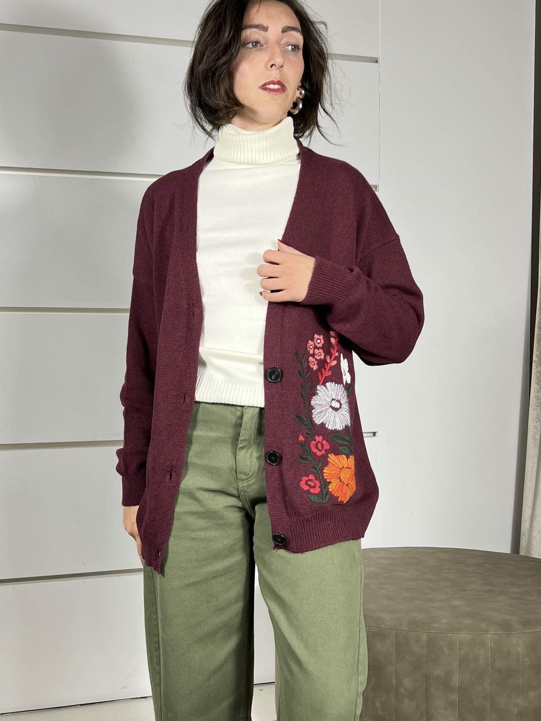 cardigan con ricamo fiori, scollo a v in misto lana bordeaux 77151FBORDEAUX VICOLO