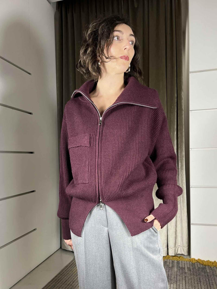 maglione con zip e tasca a patta bordeaux 251871BORDEAUX SUSY MIX
