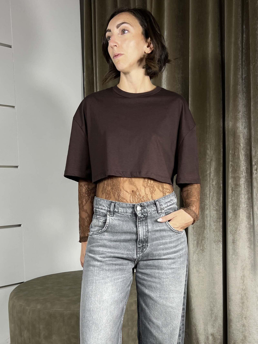 T-SHIRT MORO CROP CON BODY IN PIZZO TMA-P019MORO HAVE ONE