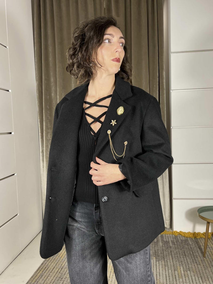 giacca cappotto over con spille rimovibili TF2012NERO VICOLO